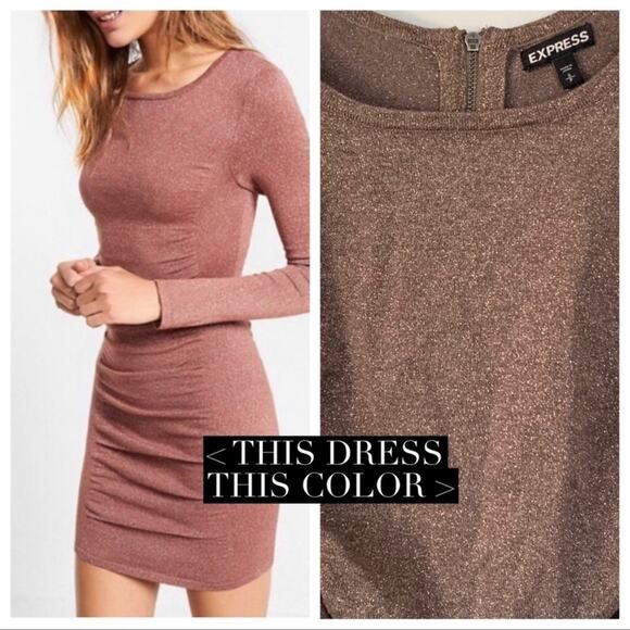 Express Womens Metallic Round Neck Long Sleeve Ruched Sweater Dress Brown Medium - Picture 1 of 16